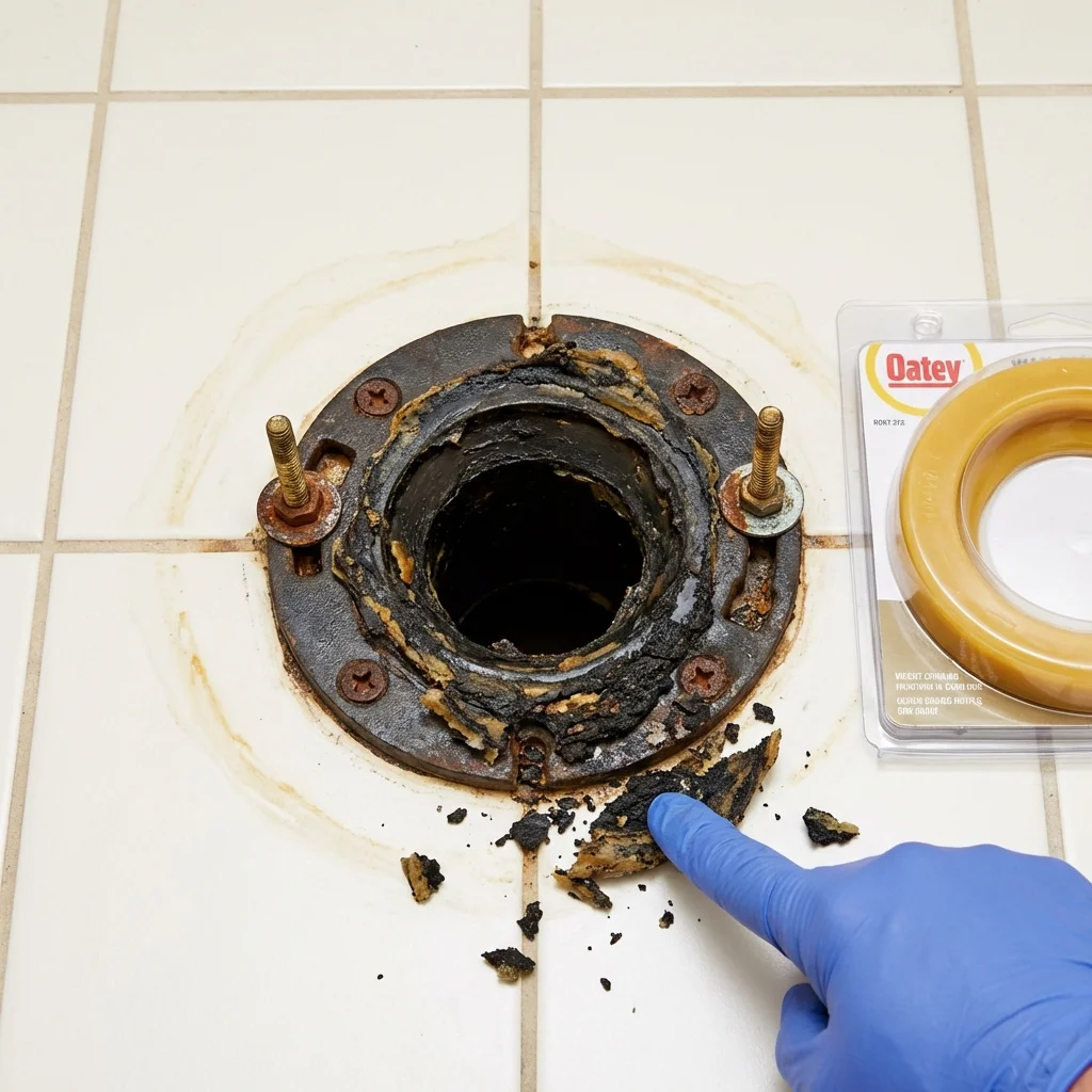 Failed wax ring showing water seepage at the base of a toilet in a Gordon, NE home