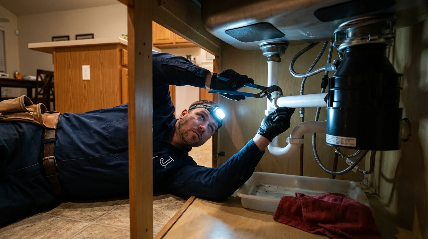 P-trap and supply line connections under a kitchen sink showing a common leak point in Gordon, NE